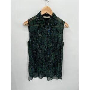 JASON WU 100% Silk Collared Green Print Button Up Sleeveless Blouse Top // 6